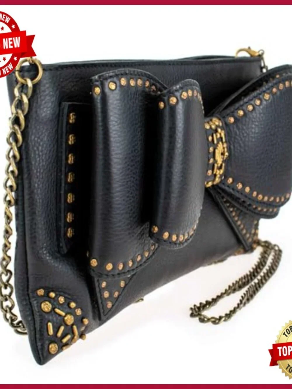 Studded Leather Bow Convertible Crossbody Clutch Novelty Purse